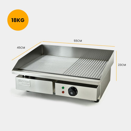 THERMOMATE Commercial Electric Griddle TH-G04, 2400W 55x35cm Half Ribbed Surface.
