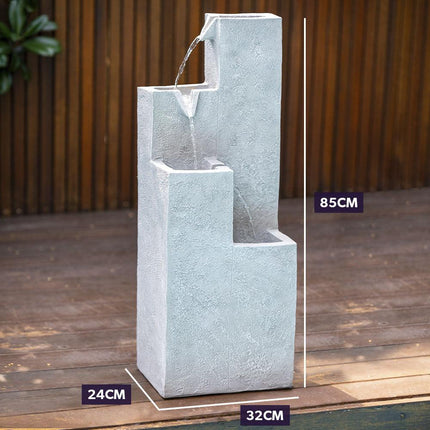 Protege Contemporary Solar Water Fountain Outdoor Garden Feature, Cascading Design, with Panel Kit, LED Lights, Light Grey.