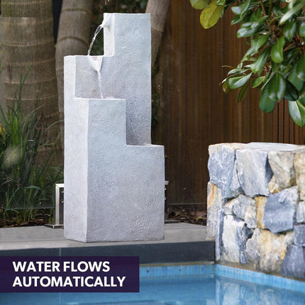 Protege Contemporary Solar Water Fountain Outdoor Garden Feature, Cascading Design, with Panel Kit, LED Lights, Light Grey.