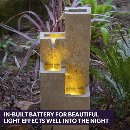 Protege Contemporary Solar Water Fountain Outdoor Garden Feature, Cascading Design, with Panel Kit, LED Lights, Light Grey.