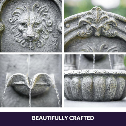 PROTEGE Lion Head Solar Powered Water Feature Fountain, Traditional Design, with Panel Kit, LED Lights.