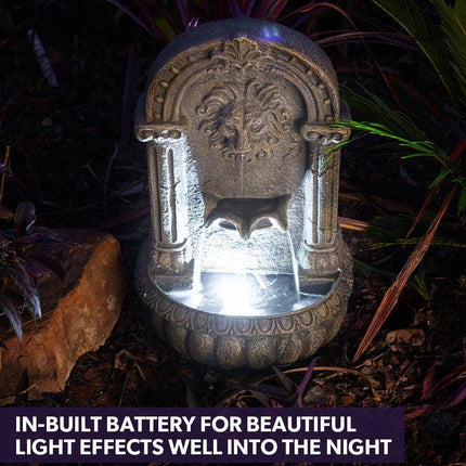 PROTEGE Lion Head Solar Powered Water Feature Fountain, Traditional Design, with Panel Kit, LED Lights.