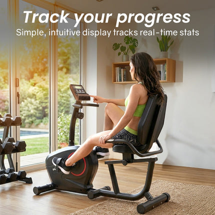 PROFLEX Magnetic Recumbent Exercise Bike, LCD Display, Heart Rate Sensors, Adjustable Seat, 8-Level Resistance, Comfortable Seated Home Cardio Fitness Machine.