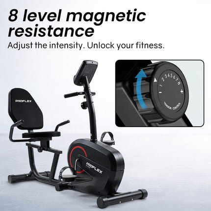 PROFLEX Magnetic Recumbent Exercise Bike, LCD Display, Heart Rate Sensors, Adjustable Seat, 8-Level Resistance, Comfortable Seated Home Cardio Fitness Machine.