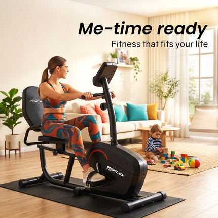 PROFLEX Magnetic Recumbent Exercise Bike, LCD Display, Heart Rate Sensors, Adjustable Seat, 8-Level Resistance, Comfortable Seated Home Cardio Fitness Machine.