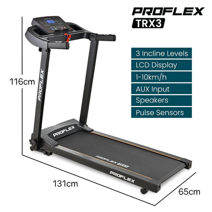PROFLEX TRX3 Electric Treadmill, Compact Size, Foldable, USB/MP3, Pulse Sensors.