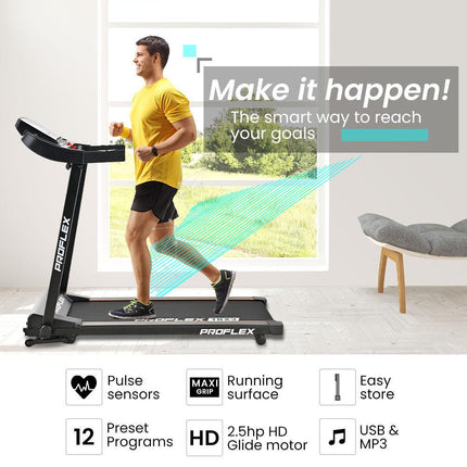 PROFLEX TRX3 Electric Treadmill, Compact Size, Foldable, USB/MP3, Pulse Sensors.