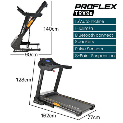 Proflex TRX9s Electric Treadmill, Large Size, 450mm Belt, 10-inch display, Foldable, Suspension, Auto Incline, WiFi, Bluetooth, Pulse Sensors.