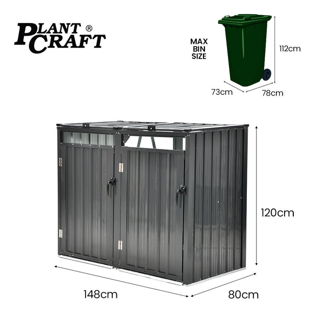 PLANTCRAFT Double Steel Wheelie Garbage Bin Storage Shed, Enclosure with 2 Opening Doors.