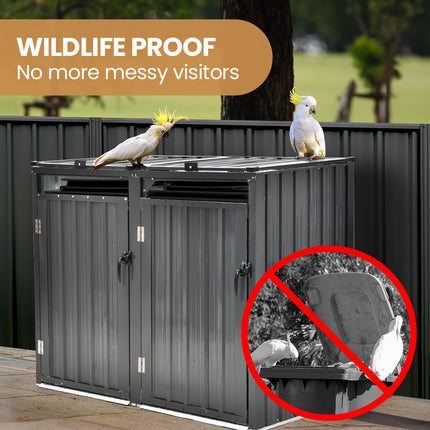 PLANTCRAFT Double Steel Wheelie Garbage Bin Storage Shed, Enclosure with 2 Opening Doors.