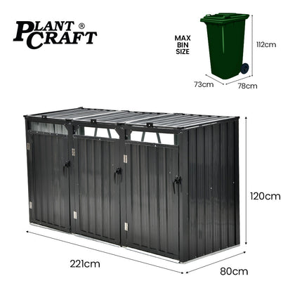 PLANTCRAFT Triple Steel Wheelie Garbage Bin Storage Shed, Enclosure with 3 Opening Doors.