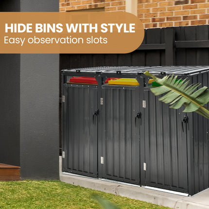 PLANTCRAFT Triple Steel Wheelie Garbage Bin Storage Shed, Enclosure with 3 Opening Doors.