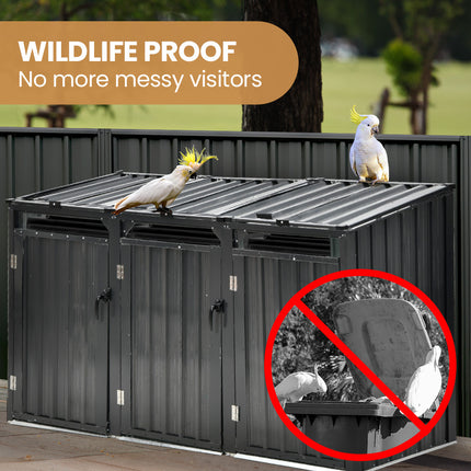 PLANTCRAFT Triple Steel Wheelie Garbage Bin Storage Shed, Enclosure with 3 Opening Doors.