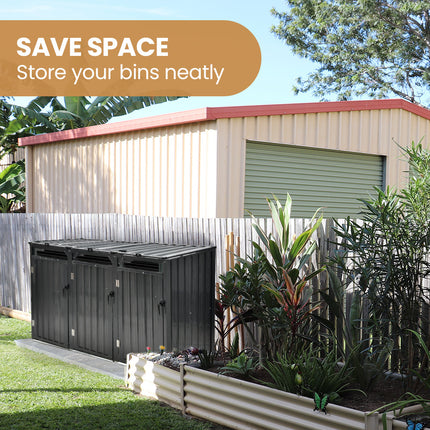 PLANTCRAFT Triple Steel Wheelie Garbage Bin Storage Shed, Enclosure with 3 Opening Doors.