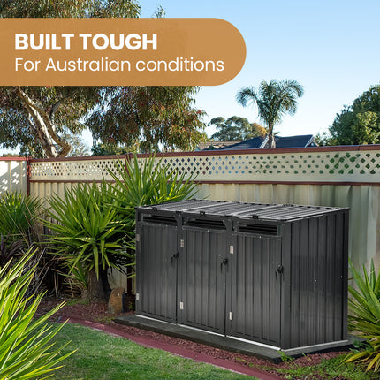 PLANTCRAFT Triple Steel Wheelie Garbage Bin Storage Shed, Enclosure with 3 Opening Doors.