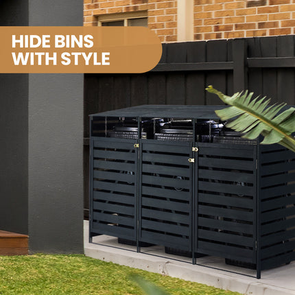 PlantCraft Triple Wood Wheelie Bins Storage Shed, 3 Door Garbage Rubbish Bin Enclosure.
