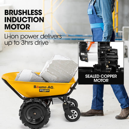 Baumr-AG 40V Battery Powered Wheelbarrow Motorised Electric, 100L Bucket Volume, 4 Wheel, 260kg Capacity.
