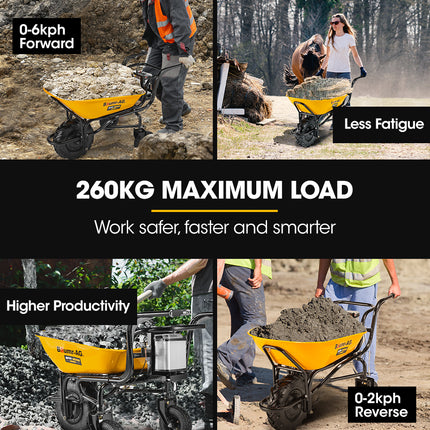 Baumr-AG 40V Battery Powered Wheelbarrow Motorised Electric, 100L Bucket Volume, 3 Wheel, 260KG, Lifting Bucket.