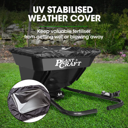 PLANTCRAFT Spreader 12V 36kg 30L Lawn Seed Fertiliser, for ATV, Ride on Mower, with Rain Cover.