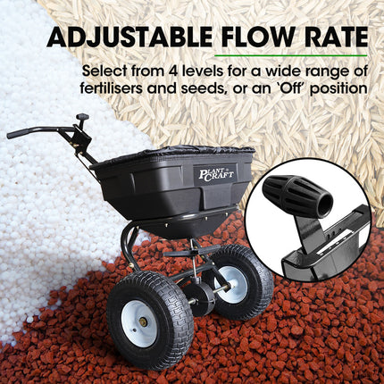 PLANTCRAFT Spreader 12V 36kg 30L Lawn Seed Fertiliser, for ATV, Ride on Mower, with Rain Cover.