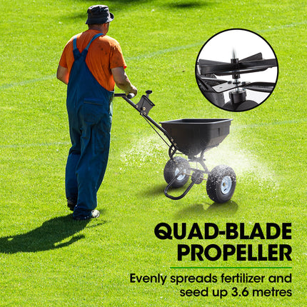 PLANTCRAFT Spreader 12V 36kg 30L Lawn Seed Fertiliser, for ATV, Ride on Mower, with Rain Cover.