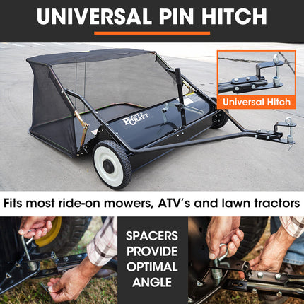 PlantCraft Lawn Sweeper 38" Wide, Tow Behind Leaf and Grass Clipping Collector, Universal Hitch for Ride on Mower, Garden Tractor.