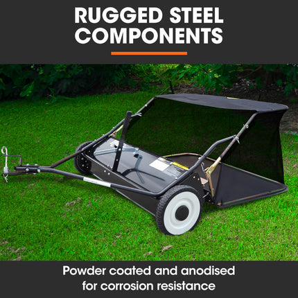 PlantCraft Lawn Sweeper 38" Wide, Tow Behind Leaf and Grass Clipping Collector, Universal Hitch for Ride on Mower, Garden Tractor.