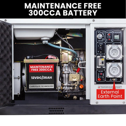 GENPOWER 8.4kW Peak 6kW Rated Commercial Diesel Generator, RCD Safety Switch, Electric Key Start, 2 x 15A, Single Phase.