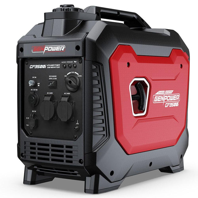 GENPOWER 3.5kW Peak 3kW Enclosed Inverter Generator, 2x15A, 12V, USB, Portable, Compact, Camping, Backup.