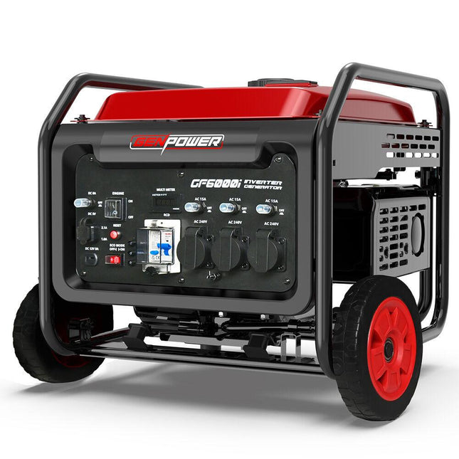 GENPOWER 6kW Peak 5kW Open Frame Inverter Generator, 3x15A, 15L Tank, Wheels, RCD, Portable, Backup.