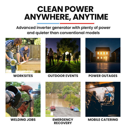 GENPOWER 8.5kW Peak 8.2kW Inverter Generator, Push Button & Remote Start, ATS Compatible, RCD, Portable w/ Wheels, 27L Fuel Tank, Grid Power Home Backup.