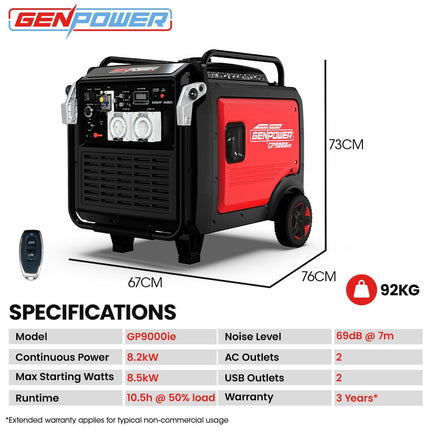 GENPOWER 8.5kW Peak 8.2kW Inverter Generator, Push Button & Remote Start, ATS Compatible, RCD, Portable w/ Wheels, 27L Fuel Tank, Grid Power Home Backup.