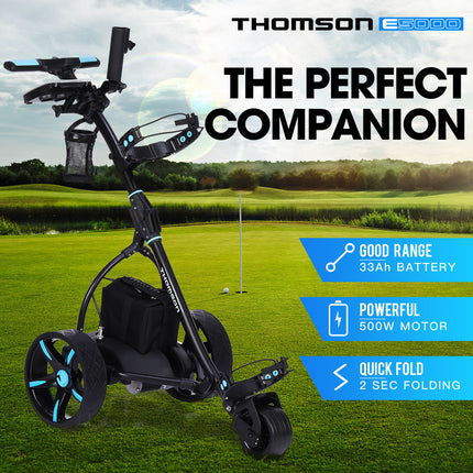 THOMSON Golf Buggy Electric Trolley Automatic Motorised Foldable Cart LED Black.