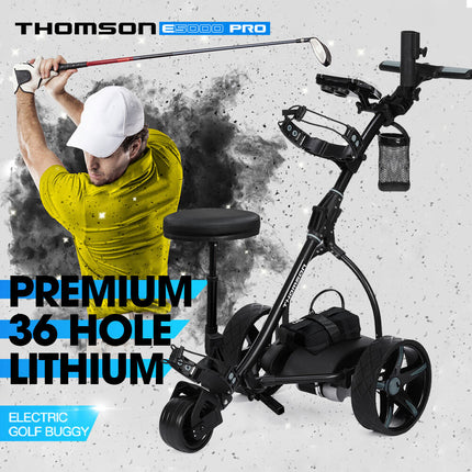 THOMSON E5000 Pro Lithium Golf Buggy, 36 Hole, Only 12kg, Easy Fold, Electric Motorised Buggy Trolley Cart w/ Seat, Black.