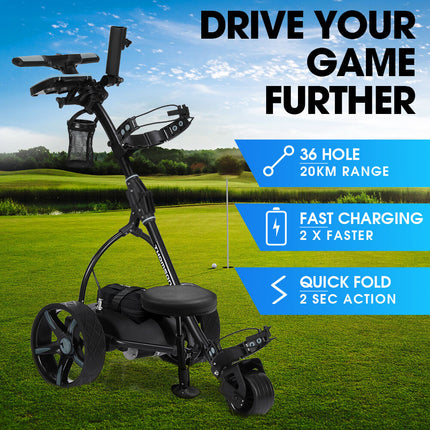 THOMSON E5000 Pro Lithium Golf Buggy, 36 Hole, Only 12kg, Easy Fold, Electric Motorised Buggy Trolley Cart w/ Seat, Black.