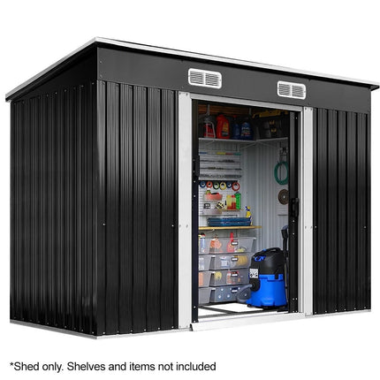 PlantCraft Galvanised Steel Garden Shed 2.38 x 1.31 x 1.82m, with 2 Sliding Doors, 2 Air Vents, Skillion Roof, Floor Frame.
