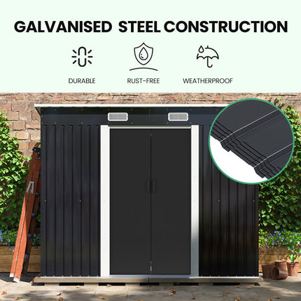 PlantCraft Galvanised Steel Garden Shed 2.38 x 1.31 x 1.82m, with 2 Sliding Doors, 2 Air Vents, Skillion Roof, Floor Frame.