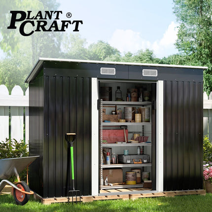 PlantCraft Galvanised Steel Garden Shed 2.38 x 1.31 x 1.82m, with 2 Sliding Doors, 2 Air Vents, Skillion Roof, Floor Frame.