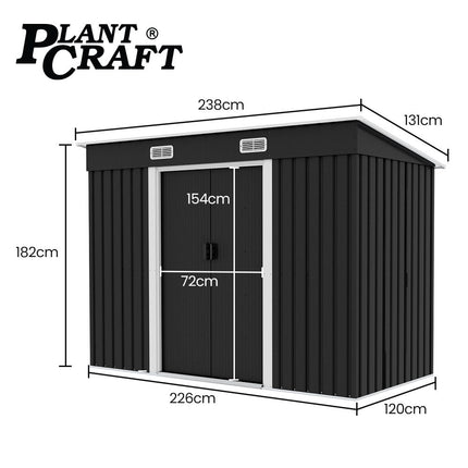 PlantCraft Galvanised Steel Garden Shed 2.38 x 1.31 x 1.82m, with 2 Sliding Doors, 2 Air Vents, Skillion Roof, Floor Frame.