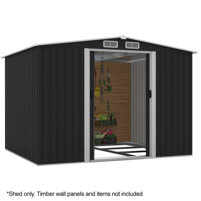 PLANTCRAFT Galvanised Steel Garden Shed 2.58 x 2.07 x 2.02m, with 2 Sliding Doors, 4 Air Vents, Gable Roof, Floor Frame, Black.