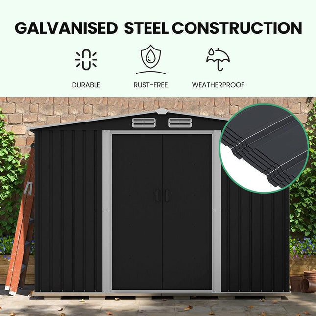 PLANTCRAFT Galvanised Steel Garden Shed 2.58 x 2.07 x 2.02m, with 2 Sliding Doors, 4 Air Vents, Gable Roof, Floor Frame, Black.