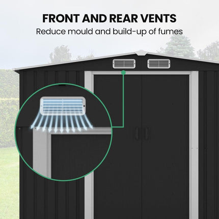 PLANTCRAFT Galvanised Steel Garden Shed 2.58 x 2.07 x 2.02m, with 2 Sliding Doors, 4 Air Vents, Gable Roof, Floor Frame, Black.