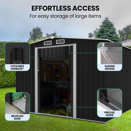 PLANTCRAFT Galvanised Steel Garden Shed 2.58 x 2.07 x 2.02m, with 2 Sliding Doors, 4 Air Vents, Gable Roof, Floor Frame, Black.