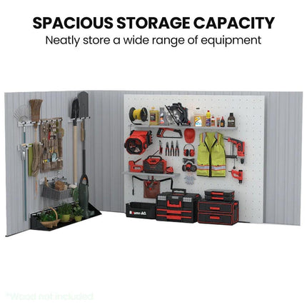 PLANTCRAFT Galvanised Steel Garden Shed 2.58 x 2.07 x 2.02m, with 2 Sliding Doors, 4 Air Vents, Gable Roof, Floor Frame, Black.