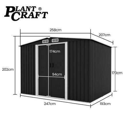PLANTCRAFT Galvanised Steel Garden Shed 2.58 x 2.07 x 2.02m, with 2 Sliding Doors, 4 Air Vents, Gable Roof, Floor Frame, Black.