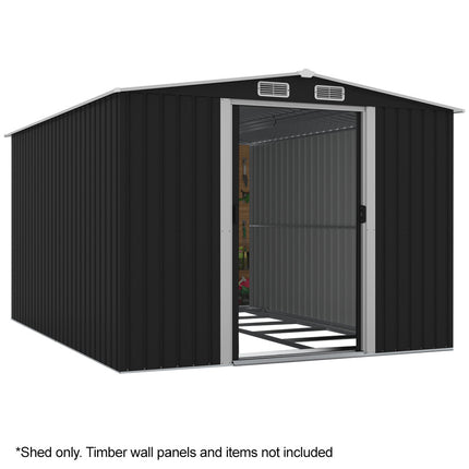 PlantCraft Galvanised Steel Garden Shed 2.58 x 3.13 x 2.02m, with 2 Sliding Doors, 4 Air Vents, Gable Roof, Floor Frame.