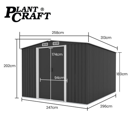 PlantCraft Galvanised Steel Garden Shed 2.58 x 3.13 x 2.02m, with 2 Sliding Doors, 4 Air Vents, Gable Roof, Floor Frame.