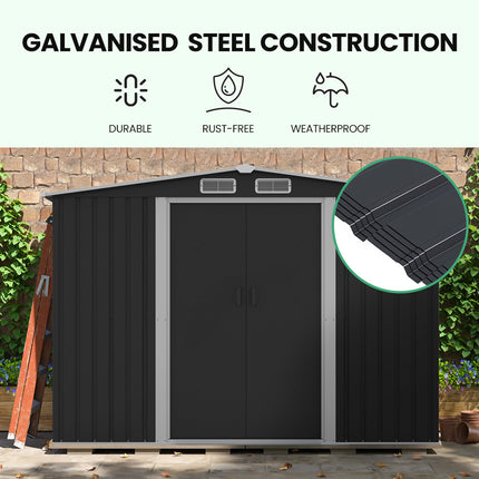 PlantCraft Galvanised Steel Garden Shed 2.58 x 3.13 x 2.02m, with 2 Sliding Doors, 4 Air Vents, Gable Roof, Floor Frame.