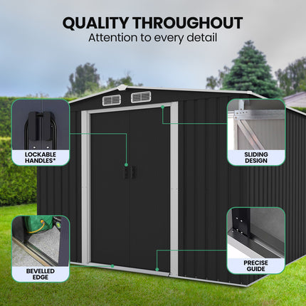 PlantCraft Galvanised Steel Garden Shed 2.58 x 3.13 x 2.02m, with 2 Sliding Doors, 4 Air Vents, Gable Roof, Floor Frame.