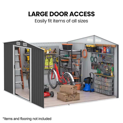 PlantCraft Galvanised Steel Garden Shed 2.58 x 3.13 x 2.02m, with 2 Sliding Doors, 4 Air Vents, Gable Roof, Floor Frame.